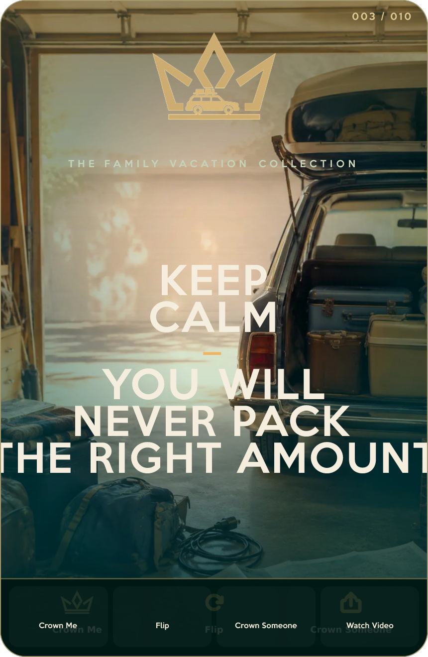KEEP CALM — YOU WILL NEVER PACK THE RIGHT AMOUNT — Family Vacation Crown design