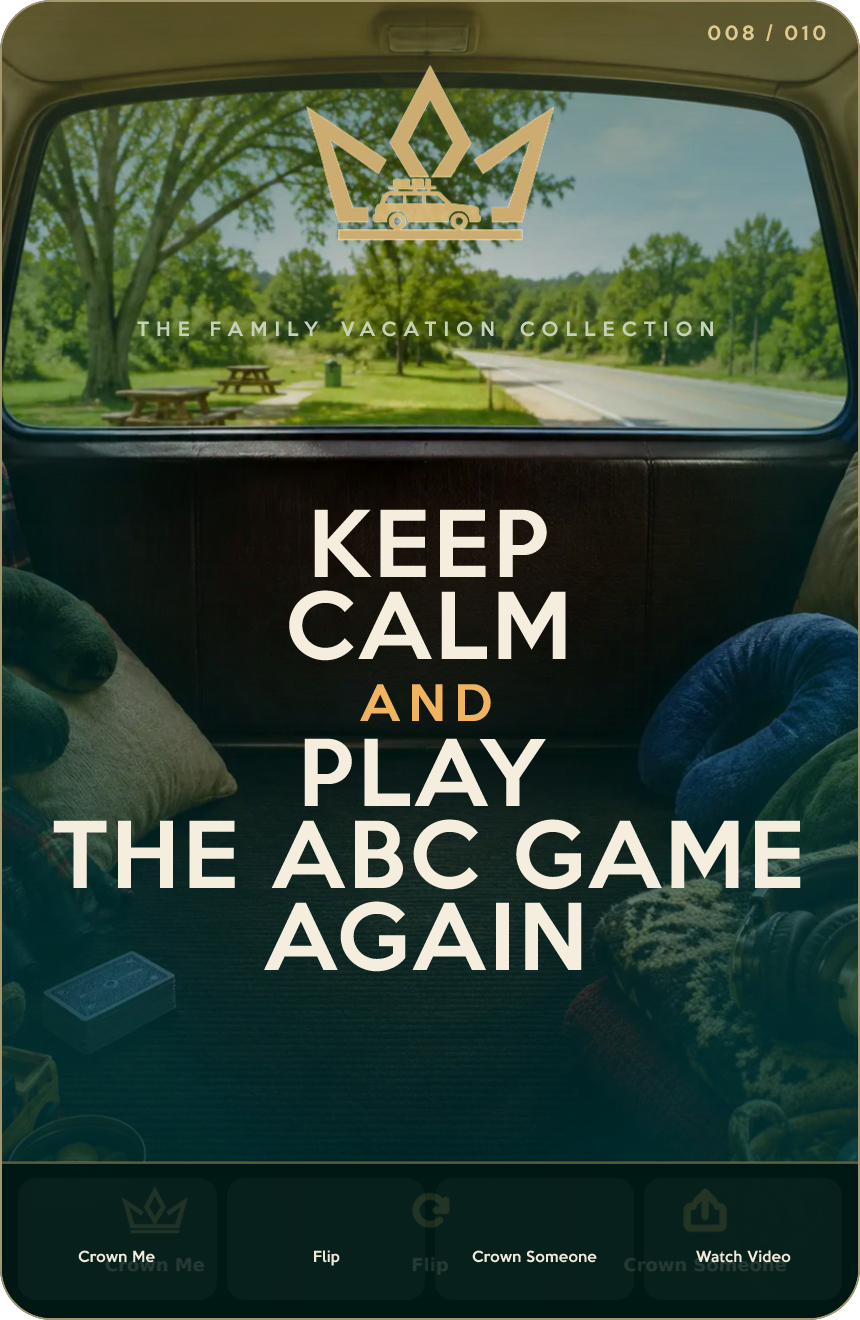 KEEP CALM AND PLAY THE ABC GAME AGAIN — Family Vacation Crown design
